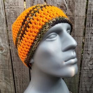 NWT Handmade Crochet Unisex Camo Hat Size S-L Neon Orange and Camo